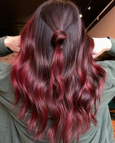 Maroon Hair Balayage, Burgundy Red Balayage, Cranberry Balayage, Brunette Hair With Red Balayage, Bright Red Balayage Hair Brunettes, Red Baby Lights, Cherry Red Balayage Hair Brunettes, Outfit For Red Hair, Brown To Red Balayage Hair