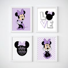 three framed pictures with minnie mouses on purple and white chevroned background, one is