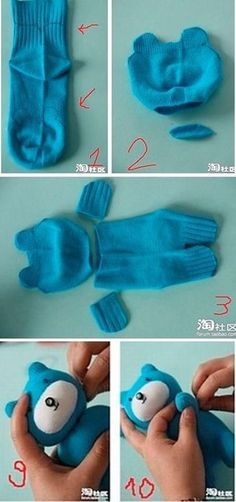 instructions to make an adorable blue teddy bear with socks and mittens for the doll