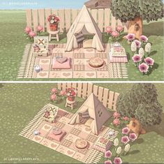 two pictures of a picnic area with pink flowers on the ground and a tent in the background