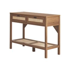 a wooden table with two drawers and wicker baskets on the bottom shelf, against a white background