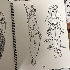 three drawings of women in swimsuits on top of a book with black ink