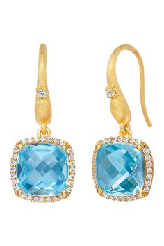 Gold plated sterling silver prong set cushion cut blue topaz pave simulated diamond halo drop earrings. French hook back. Approx. 1" length. Imported Formal Topaz Drop Earrings, Topaz Drop Earrings With Gemstone Accents, Blue Plates, Diamond Halo, Silver Blue, Cushion Cut, Gold Plated Sterling Silver, Halo Diamond, Blue Topaz