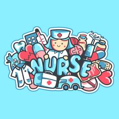 the word nurse surrounded by various medical related items on a light blue background with an image of a nurse's hat