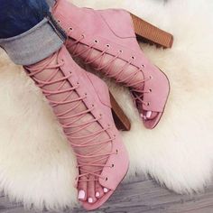 Gullick Peep Toe Lace-up Ankle Boot Cut-out Chunky Heel Gladiator Sandal Boots For Women Thick High Heels Boots Pink Black Beige Gladiator Sandals Heels, Womens Black Booties, Ankle Sandals, Chunky High Heels, Fabulous Shoes, Lace Up Ankle Boots, High Heel Boots, Beautiful Shoes