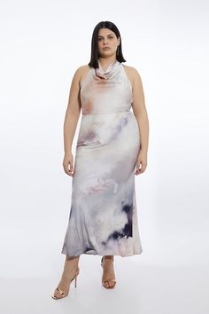 Turn Heads In Our Plus Size Maxi Dress, With A Silhouette That Flares At The Skirt, And A Unique, Draped Cowl Neckline. Styles Well With Strappy Heels Or Pointed Toe Shoes For A Statement Occasion Look, Perfect For Ladies Day, Prom Night, And Wedding Guest Days. Plus Size Viscose Georgette Cowl Neck Woven Maxi Dress High Quality Georgette Fabric Draped Cowl Neckline Cut Out Back Accent Sleeveless Design Flattering Flared Skirt Button And Zip Fastenings In Back Expertly Designed For Those Uk Size Neckline Styles, Hen Do Outfits, Workwear Capsule Wardrobe, Latest Maxi Dresses, Plus Size Maxi Dress, Spring Wedding Guest Dress, Petite Business Casual, Ibiza Outfits, Maxi Dress Collection