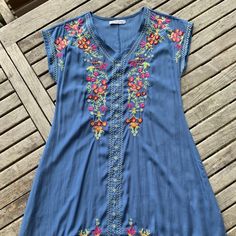 Brand New, Great Condition, No Smell, Very Light Material. It Can Be Used With A Belt. Blue Rayon Maxi Dress With Short Sleeves, Blue Rayon Short Sleeve Maxi Dress, Summer Blue Rayon Midi Dress, Summer Style Blue Rayon Midi Dress, Blue Rayon Summer Midi Dress, Blue Floral Embroidery Maxi Dress For Vacation, Blue Floral Embroidered Maxi Dress For Vacation, Blue Rayon Maxi Dress For Spring, Blue Rayon Midi Dress For Spring