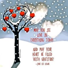 an apple tree with hearts on it in the snow