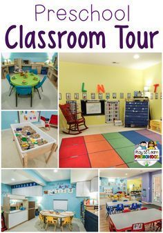 the classroom tour is filled with colorful tables, chairs and desks for children to play in