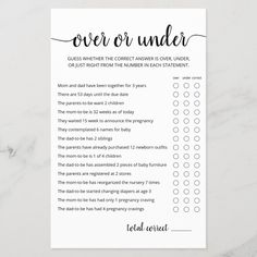 a printable over or under checklist on a marble surface