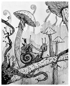 a black and white drawing of an animal on a branch with mushrooms in the background