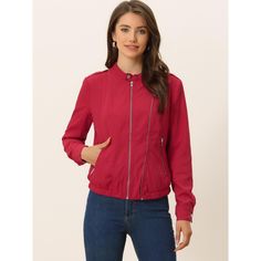 Refresh your Moto jacket collection with this lightweight jacket. Simple and understated, designed with a stand collar and center-front zip closure, making it versatile for styling up and down. It boasts button embellishments across the cuffs and neckline, inspired by the classic biker design. A contemporary join on a classic design, pair it this with jeans or over a dress for a chic outfit. Casual Red Outerwear With Zip Fly, Red Outerwear With Zipper For Work, Red Zipper Closure Outerwear For Work, Short Biker, Biker Design, Womens Moto Jacket, Suede Biker, Button Embellishments, Jacket Collection