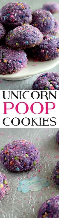 purple sprinkled cookies on a plate with the words unicorn poop cookies