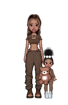 two dolls standing next to each other in front of a white background and one is holding a teddy bear