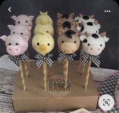 five little farm animals are on top of cake pops