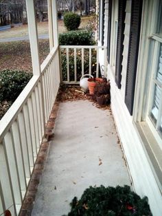 the front porch is covered with plants and shrubs