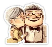 a drawing of an older man and woman hugging each other with glasses on their faces