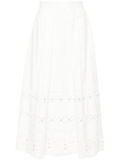 white twill weave broderie anglaise rhinestone embellishment fully pleated high-waisted concealed rear zip fastening flared skirt mid-length unlined Elegant Cotton Pleated Midi Skirt, Elegant Cotton Skirt, Elegant Cotton A-line Pleated Skirt, Elegant Cotton Pleated Voluminous Skirt, Elegant Cotton Voluminous Pleated Skirt, Elegant Cotton Pleated Full Skirt, White Feminine Long Pleated Skirt, White Pleated Midi Dress, White Long Feminine Pleated Skirt