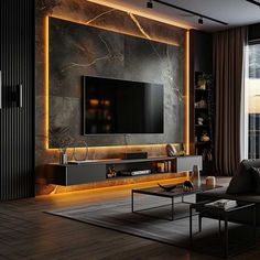 a modern living room with black walls and gold trimmings on the tv stand