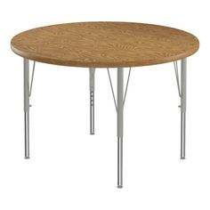 a round wooden table with metal legs