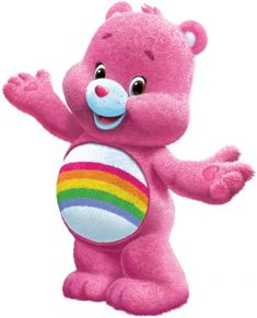 a pink teddy bear with a rainbow ball in its hand and arms out to the side