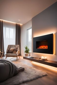 Non Recessed Fireplace, Fireplace Ideas For Bedroom, Bedroom Faux Fireplace, Luxury Living Room Apartment, Wall Mounted Electric Fireplace Ideas, Tv Fireplace Wall, Fireplace With Cabinets, Electric Fireplace Bedroom, Electric Fireplace Ideas