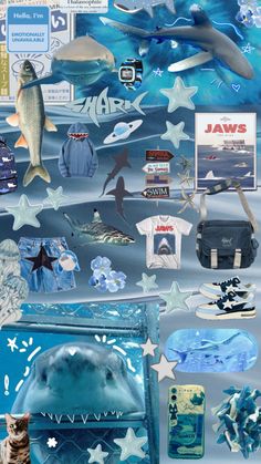 a collage of pictures with dolphins, sharks and other marine creatures in blue water