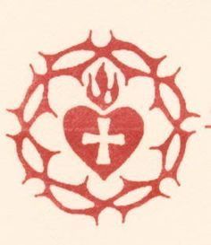 a red heart with a cross in the middle surrounded by thorns and flames on a white background