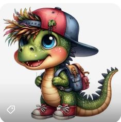 a cartoon dinosaur wearing a baseball cap and carrying a backpack with spikes on it's head