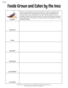 food groups and eaten by the incas worksheet for students to practice their writing skills