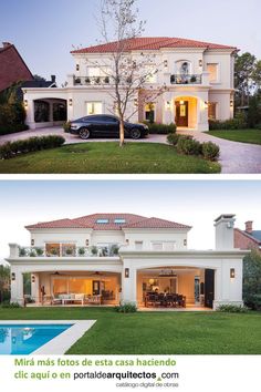 two different views of a house with cars parked in the driveway