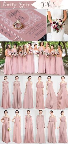 a collage of photos showing different styles of bridesmaid dresses and bouquets