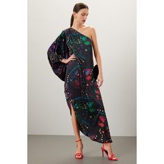 Black abstract print satin (97% Polyester, 3% Spandex). 3/4 sleeves. One Shoulder. Side zipper closure. 58" shoulder to hemline. Imported. Printed Gowns, Bold Earrings, Rent The Runway, Closet Designs, Black Abstract, Hutch, Pleated Dress, Black Print, Abstract Print