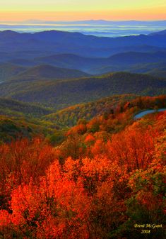 the blue ridge overlooks in autumn, with colorful foliage and trees on either side