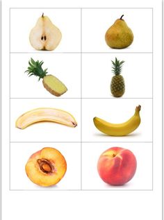 an image of different fruits and vegetables on a white background, including apples, bananas, peaches, pears, pineapple