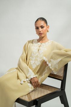 Jiya (B) – Sania Maskatiya International Eid Dress Ideas, Yellow Kaftan, Jalabia Styles, Sania Maskatiya, Hijabi Brides, Eid Dress, Eid Dresses, Heavy Embroidery, Silk Trousers