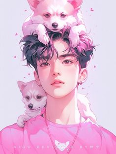 a man holding a cat on top of his head while wearing a pink shirt with an animal on it's shoulders