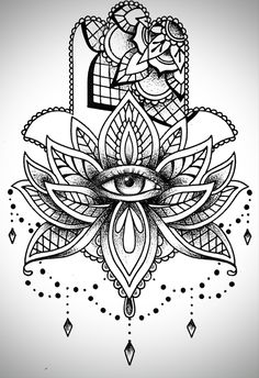 an all seeing eye in the middle of a lotus flower with ornate designs around it