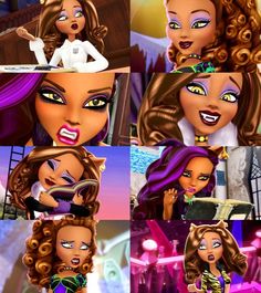 an animated image of a woman with long hair and green eyes, in various poses