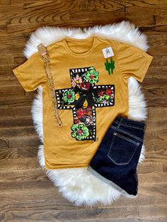 Another amazing new design from Callie! A black cross with bright florals just in time for spring! Shown on a Next Level antique gold t-shirt Tees run true to size. Bright Florals, Floral Cross, Black Cross, Just In Time, New Design, Next Level, Black Floral, In Time, Call Me