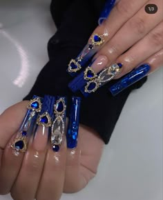 Royal Blue And White Nails, Gold And Blue Nails, Blue Diamond Nails, Future Nails, Nails Floral