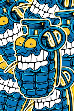 an image of a blue and yellow background with skulls on it's face, in the middle