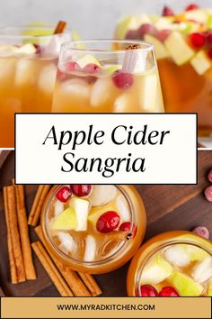 an apple cider sangria with cranberries, apples and cinnamon in glasses