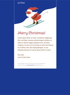 a blue christmas card with a santa clause skiing down the hill on his sleigh