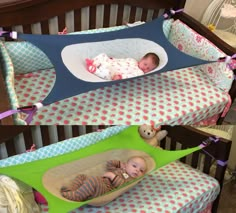 two pictures of a baby laying in a crib