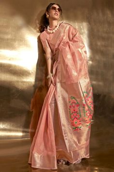 Peach Color Tissue Fabric Special Saree With Weaving Work Peach Silk Saree, Silk Saree Look, Tissue Fabric, Peach Saree, Anarkali Lehenga, Bridesmaid Saree, Party Sarees, Simple Sarees, Indian Wedding Wear