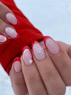 Nails In December, Red French Tip With Snowflake, Christmas French Tip Nails, Nails December, Christmas Nails Ideas, Nails Xmas, Festive Christmas Nails, Christmas Nails Diy, Red French