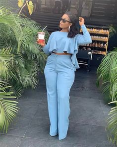 Ingvn 2022 Elegant Work Wear Two Piece Set Fall Clothes for Women Ruff Casual Straight Pant Set For Summer, Casual Summer Pant Set With Straight Pants, Casual Blue Two-piece Bottoms, Summer Workwear Solid Color Pant Set, Summer Workwear Pant Set With Straight Pants, Solid Color High-waisted Pants Set For Summer, Solid High-waisted Pants Sets For Summer, Summer Solid Color High-waisted Pants Set, Summer Sets With Solid High-waisted Pants