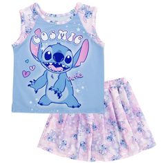 Get ready for a day filled with Disney magic in this cute Disney tennis outfit! This stylish sleeveless shirt and skort set features a cute pleated design, convenient pockets on the shorts that can hold a phone, and vibrant artwork of your little girl's favorite Disney characters! Choose from fun artwork of Minnie Mouse playing tennis with the words "Love Minnie," or Stitch with a cool galaxy space design and the words "Cosmic Cutie." Made of a soft 4-way stretch fabric for all day comfort, this Casual Sleeveless Sets With Elastic Waistband, Cute Cotton Sets With Character Print, Disney Character Print Playwear Sets, Playful Fitted Sets With Character Print, Sleeveless Sets For Sleepover In Summer, Cute Sets With Character Print For Playwear, Cute Character Print Playwear Sets, Cute Playwear Sets With Character Print, Cute Sleepover Sets With Character Print