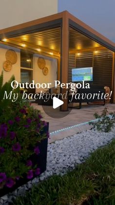 an outdoor pergola with lights and flowers in the foreground reads, my backyard is favorite